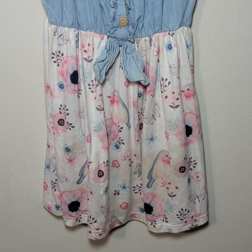 Girls Sleeveless Dress Denim Tie-Front Top White PInk Floral Skirt Size XL ~7 - Picture 4 of 5
